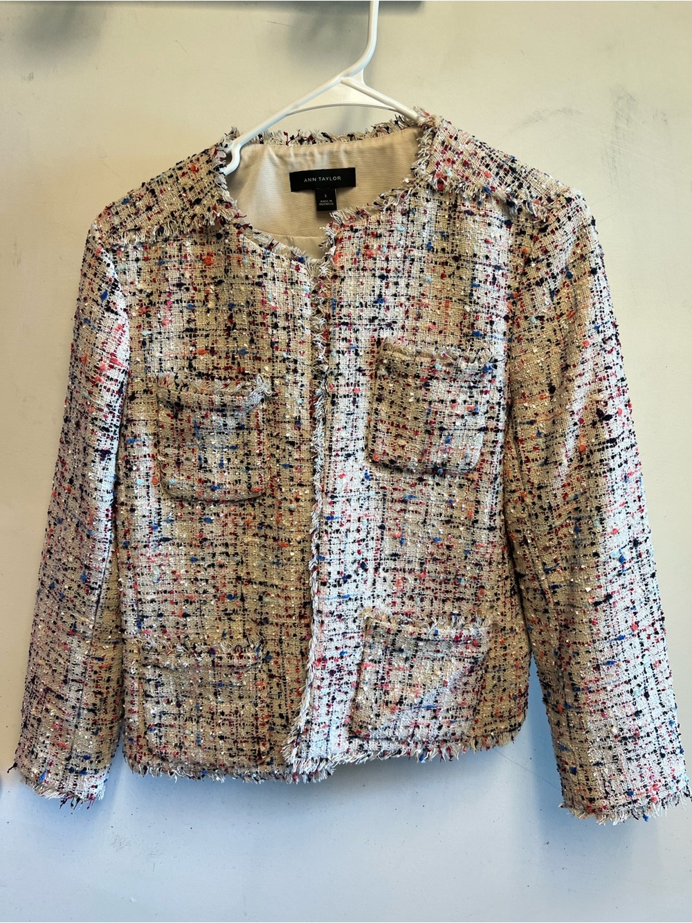 Ann Taylor Cream Tweed Fringe Boxy Jacket with Multicolor Flecks